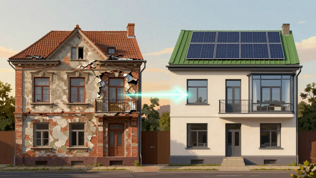 Vergleich eines alten, verfallenen Hauses mit einem modernen, energieeffizient sanierten Gebäude.