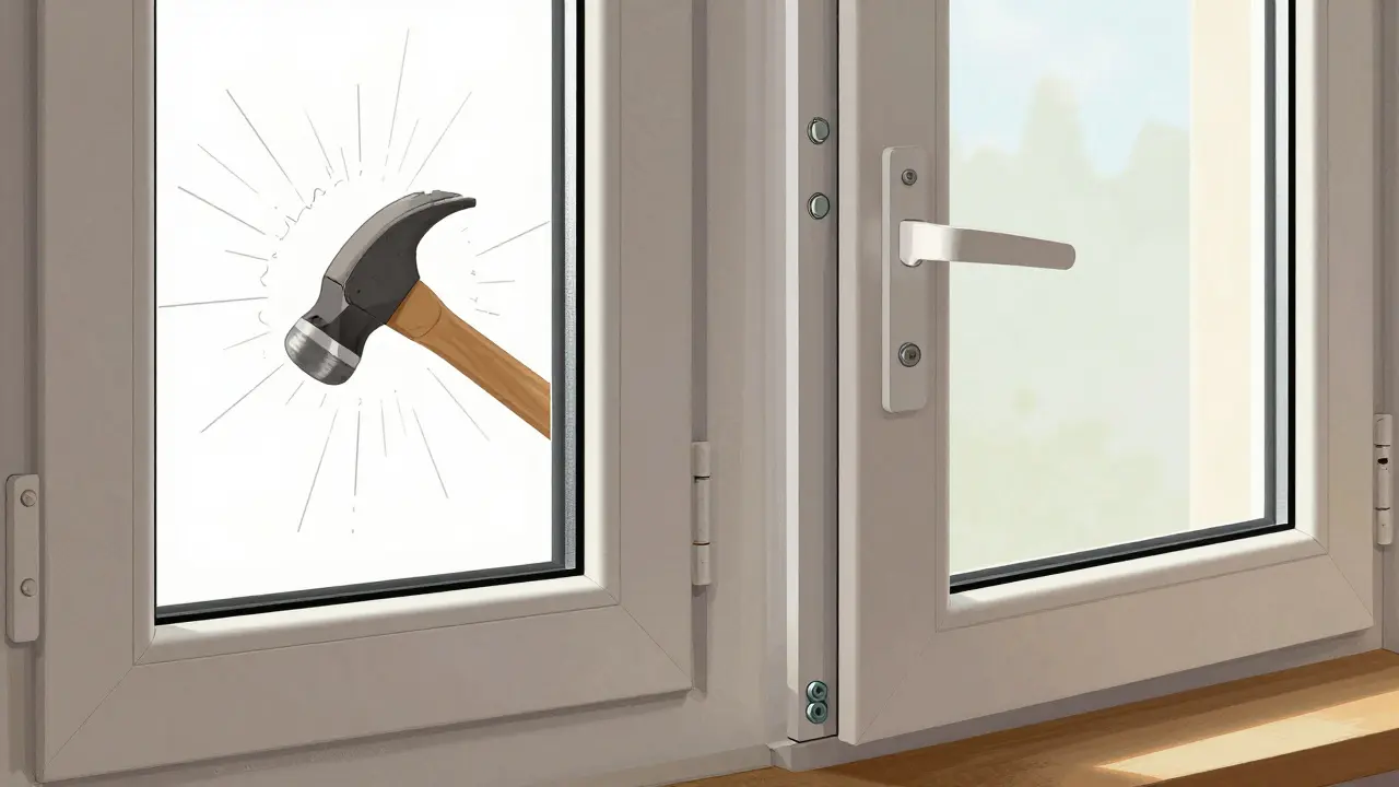 Vergleich: links kaputtes Fenster, rechts sicheres RC 2-Fenster mit Verbundscheibe und verriegeltem Beschlag.