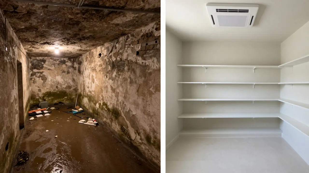 Vergleich: verschimmelte Kellerwand links, nach Sanierung mit Sanierputz und Lüftung rechts – sauber, trocken und gut belüftet.