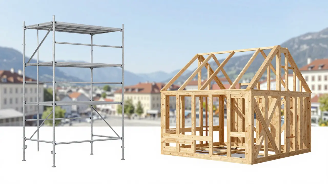 Vergleich zwischen professionellem Gerüstsystem und instabilem Eigenbau, betont Sicherheitsstandards und Bauvorschriften.