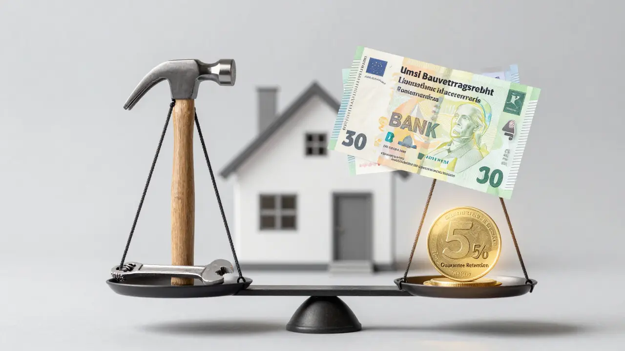 Waage mit Baugeräten und Geld, wobei 5% als Gewährleistungssicherheit leuchten und eine Bankbürgschaft sichtbar ist.