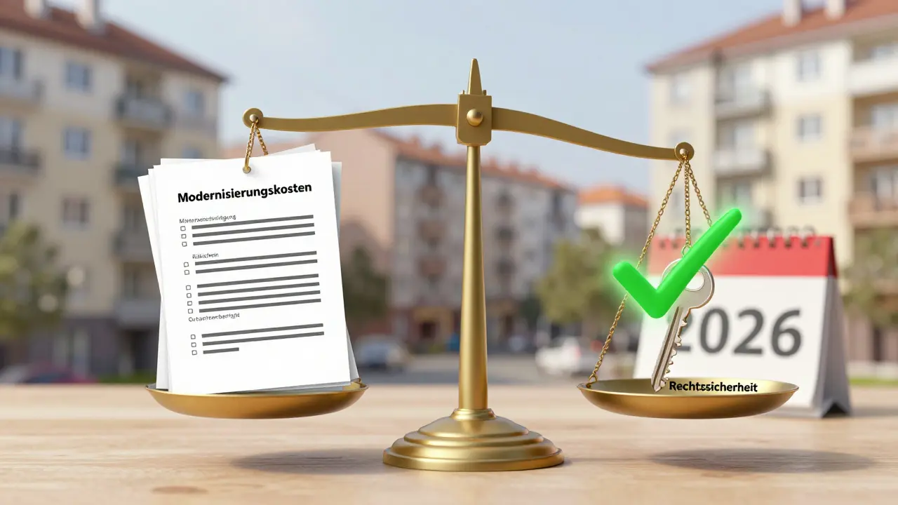 Waage zeigt rechtssichere Modernisierungsdokumente gegen einen Schlüssel der Rechtssicherheit, Hintergrund 2026-Kalender.