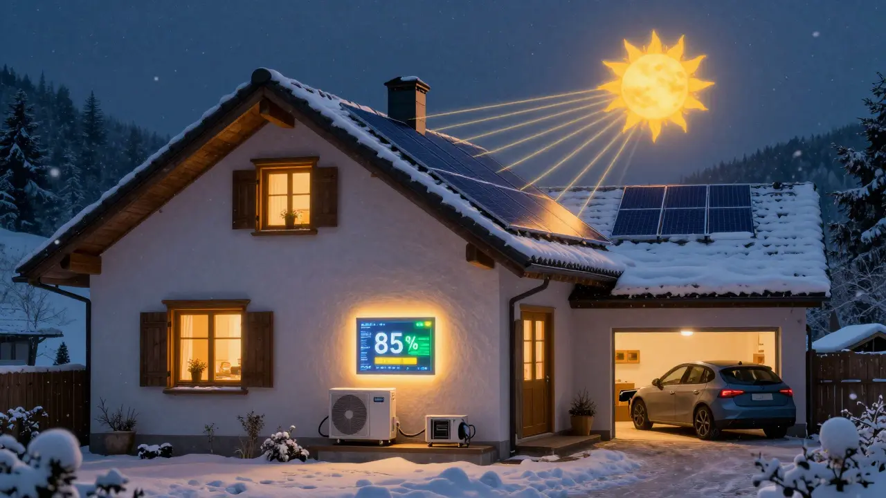 Winterabend in einem energieautarken Haus: Wärmeschein aus den Fenstern, Wärmepumpe läuft, Auto lädt, Sonnenstrahlen verbinden Dach mit dem Himmel.