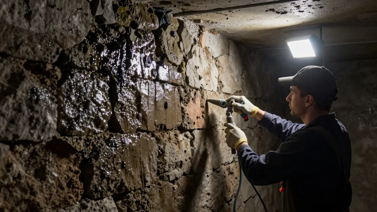 Bauarbeiter behebt Feuchtigkeitsschäden an einer Kellerwand während einer Sanierung.