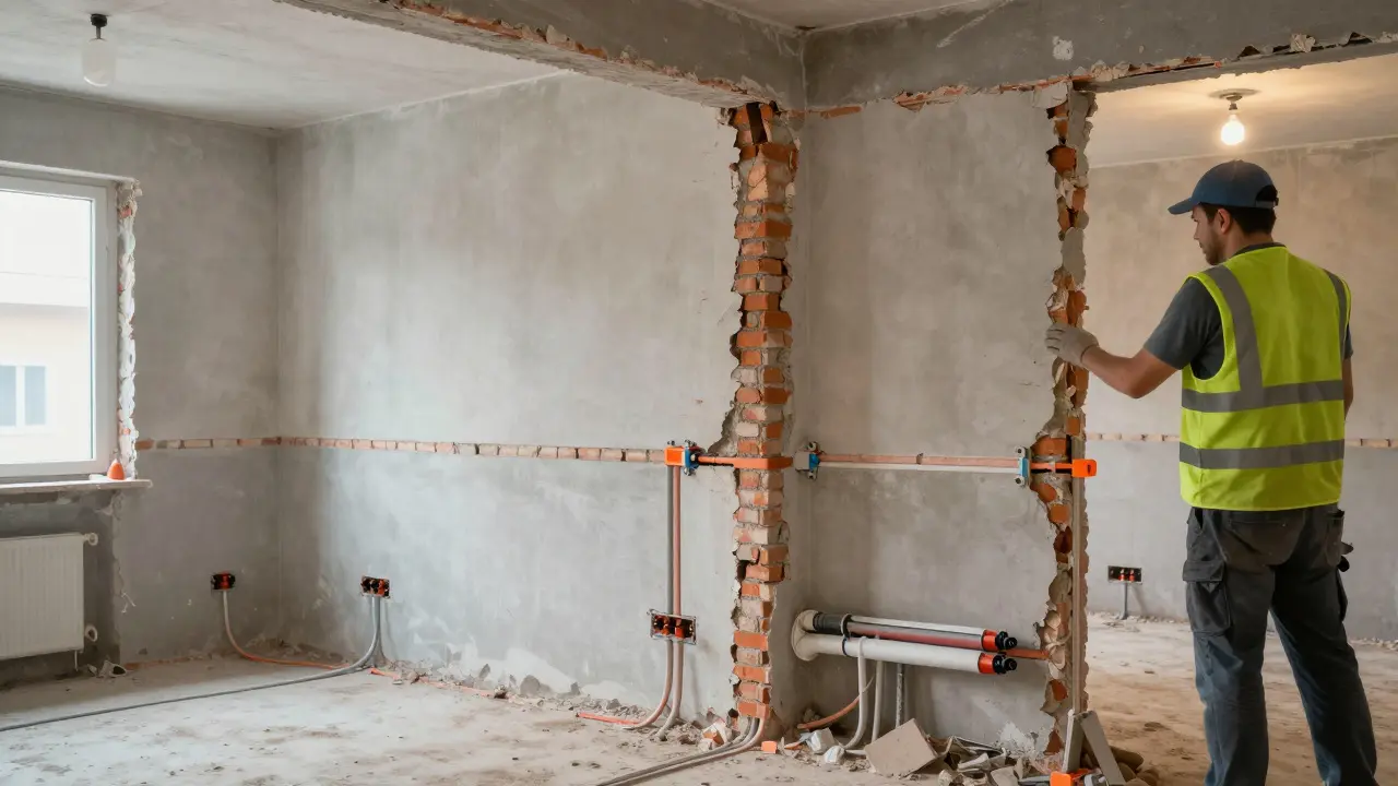 Baustelle in einer Wohnung während einer Modernisierung mit neuen Heizungsrohren.