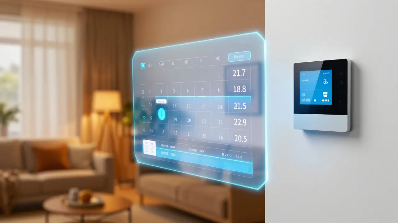 Digitale Steuerung eines smarten Thermostats in einem gemütlichen Wohnzimmer.