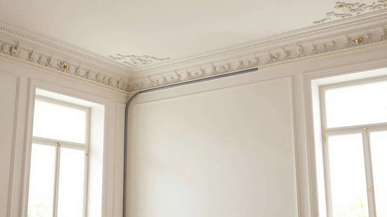 Diskrete Elektroinstallation in einem Raum mit historischem Stuck und Wandverzierung.