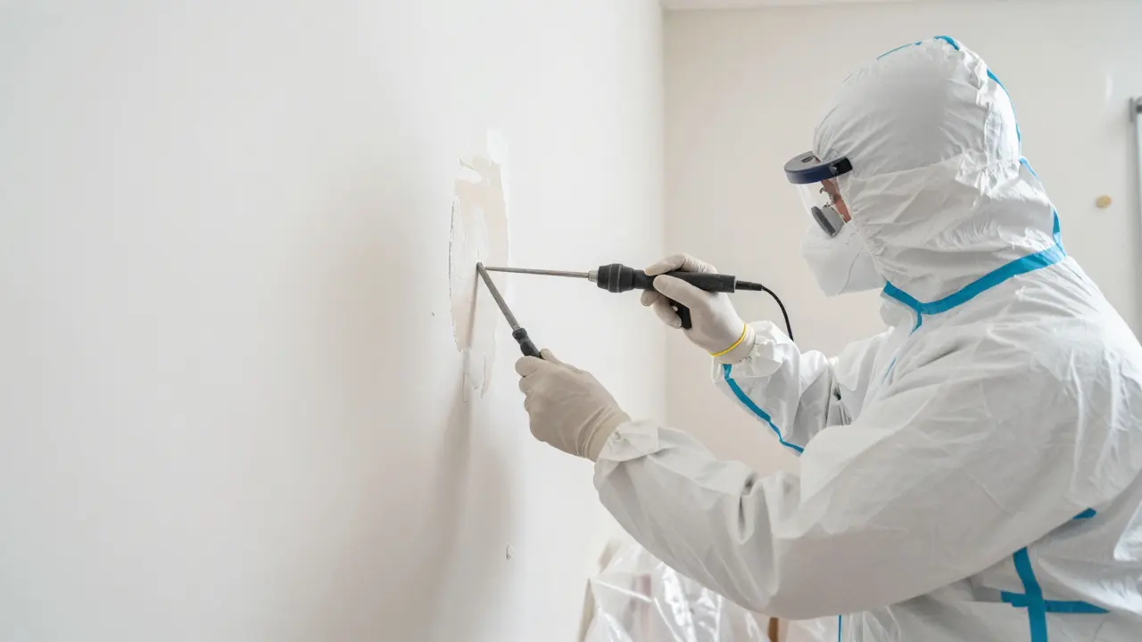 Fachmann in Schutzkleidung bei der professionellen Entfernung von schimmligem Putz an einer Wand.