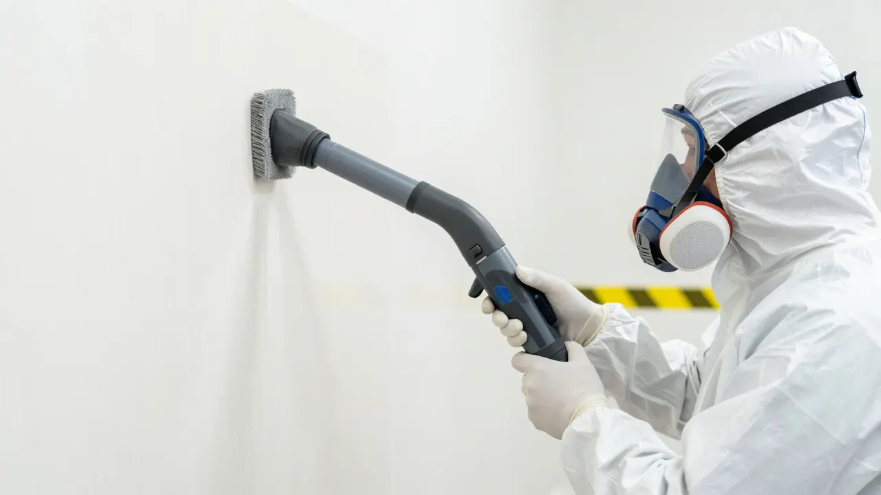 Fachmann mit FFP3-Maske bei der professionellen Schimmelsanierung