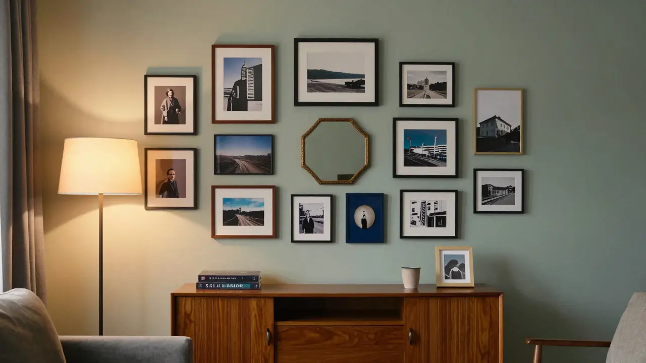 Fertige eklektische Galeriewand mit verschiedenen Rahmen über einem Sideboard im Wohnzimmer.