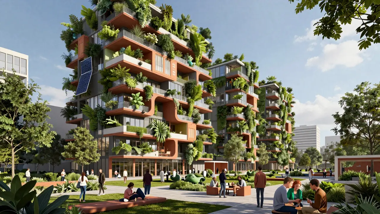 Futuristische Vision eines hybriden Wohn- und Arbeitsviertels mit viel Grün.