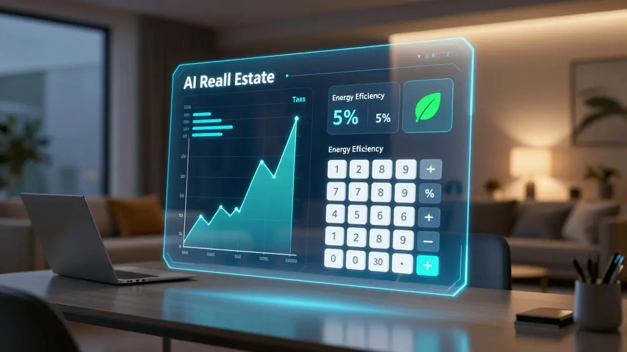 Futuristisches Hologramm eines KI-gestützten Immobilienrechners