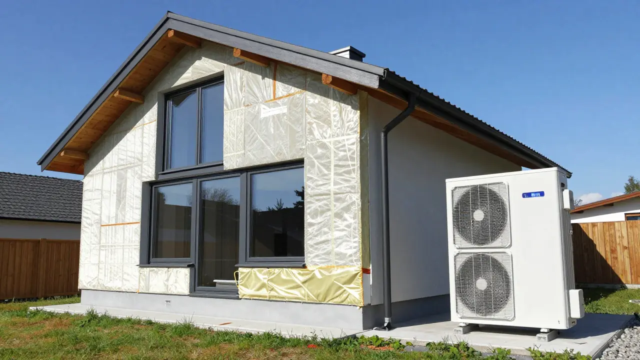 Haus mit neuer Fassadendämmung und einer installierten Wärmepumpe im Außenbereich.