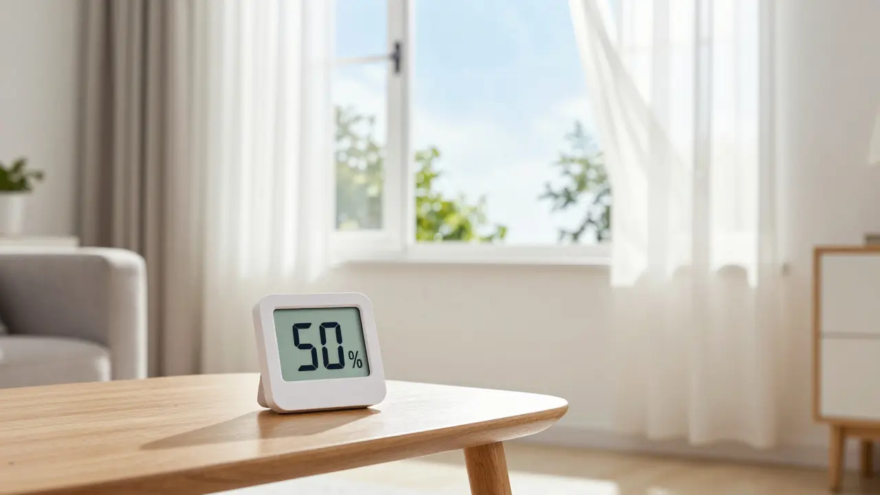 Hygrometer in einem hellen, gut gelüfteten und gesunden Wohnraum