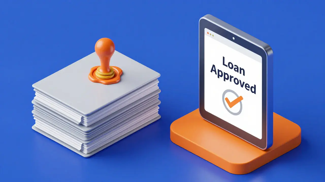 Illustration die den Kontrast zwischen bürokratischen Dokumenten und schneller digitaler Kreditzusage zeigt