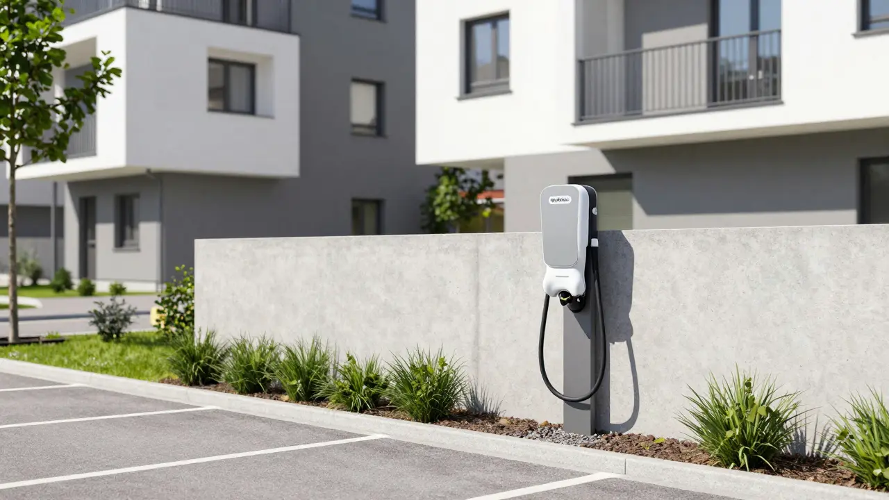 Installation einer modernen Elektroauto-Ladestation an einer Wohnanlage.