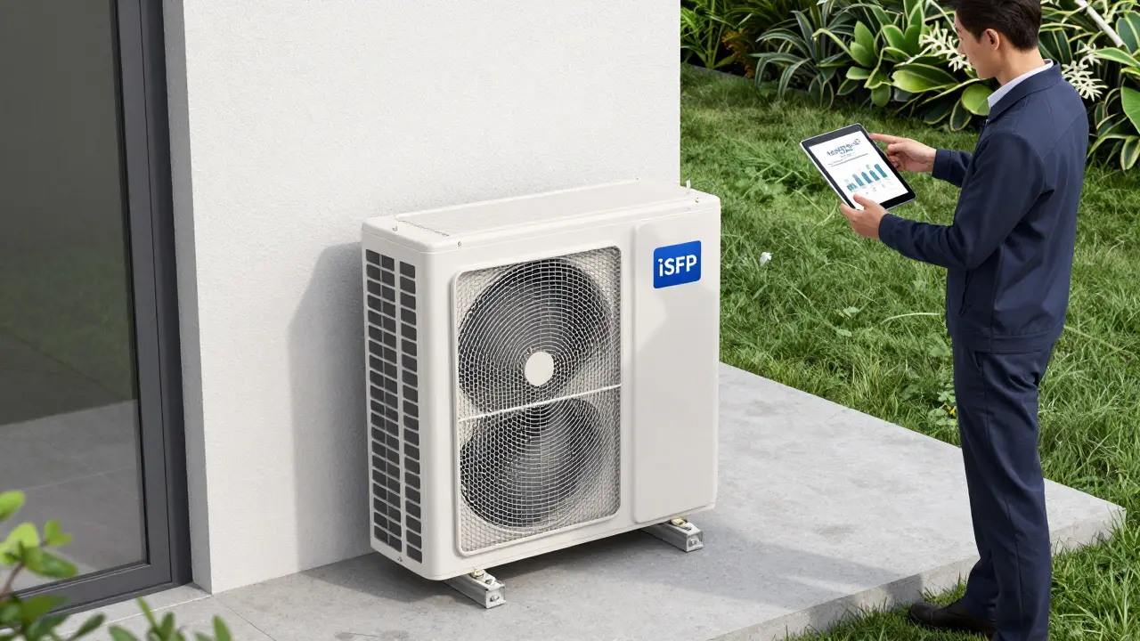 Installation einer modernen Wärmepumpe an einem Wohnhaus mit einem Energieberater.