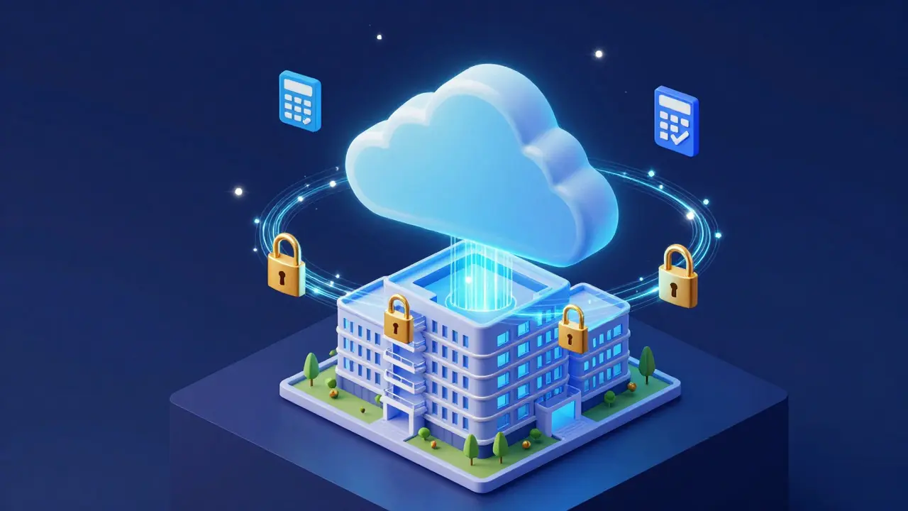 Isometrische Darstellung einer sicheren Cloud-Software für die automatisierte Nebenkostenabrechnung.