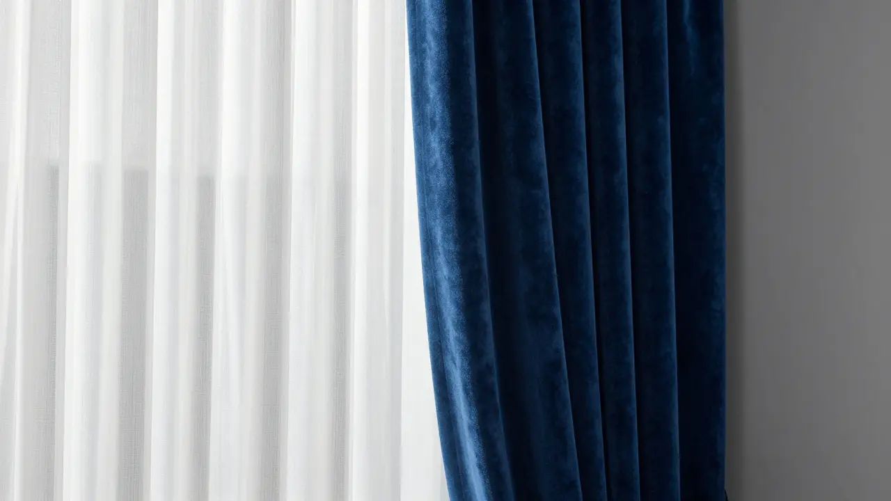 Kombination aus transparentem Voile und schwerem petrolblauem Samtvorhang