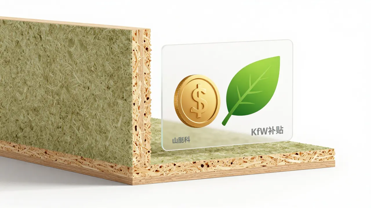 Konzeptbild einer nachhaltigen Hausdämmung mit Symbolen für Förderung und Ökologie.