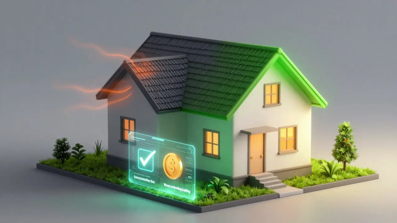 Konzeptbild eines Hauses, das von einer energetisch schlechten in eine effiziente Klasse wechselt.