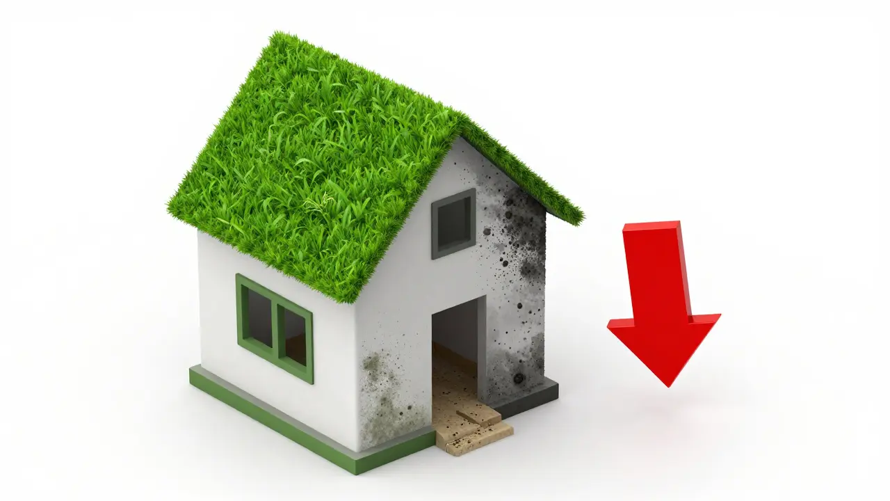 Konzeptionelle Darstellung eines Hauses mit Wertverlust durch Schimmelbefall in der Bausubstanz.