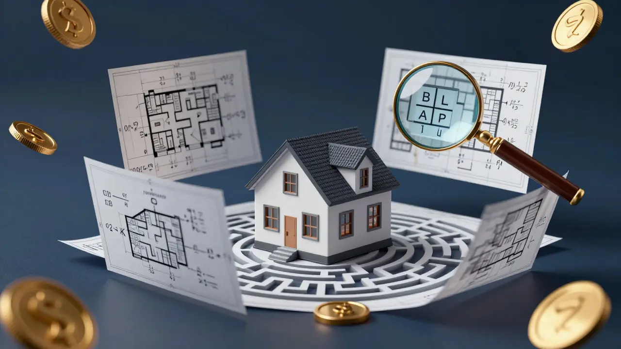 Konzeptuelle Darstellung komplexer Immobilienbewertungen mit Haus und Formeln.