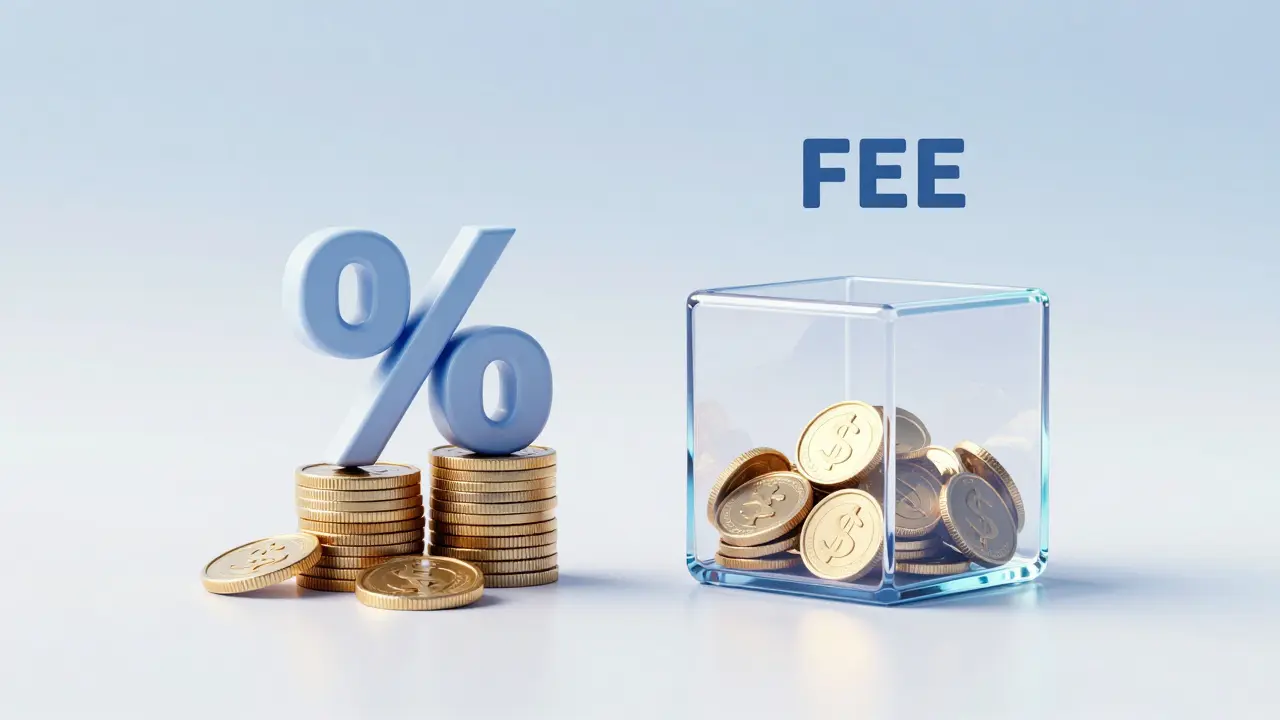 Konzeptuelle Darstellung von Provisionsmodell gegenüber Pauschalpreismodell mit Münzen.