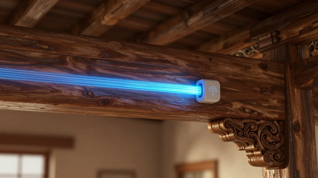 Konzeptuelle Darstellung von Smart-Home-Technik in einem antiken Holzbalken.