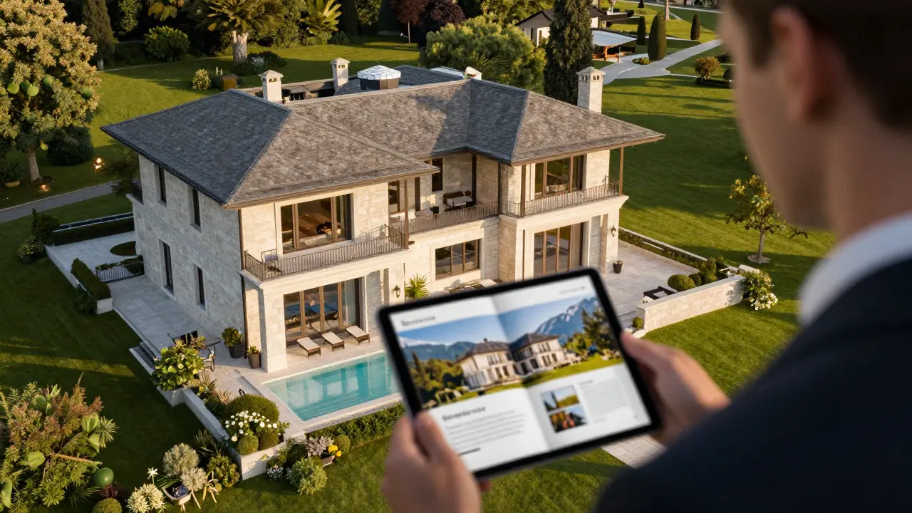 Luxusvilla in Österreich mit professionellem Makler, die hochwertige Vermarktung symbolisiert.