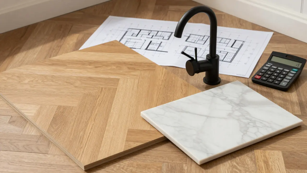 Materialproben wie Parkett und Marmor neben einem Plan für die Hausmodernisierung