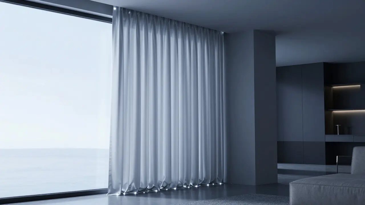 Moderne Smart-Vorhänge in einem futuristischen, minimalistischen Wohnzimmer