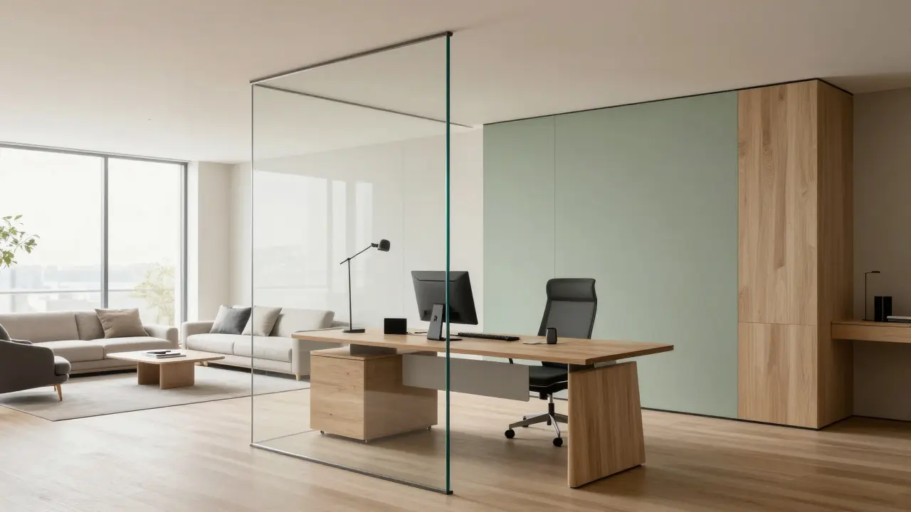 Modernes Homeoffice mit Glaswand zur Trennung von Arbeits- und Wohnbereich.