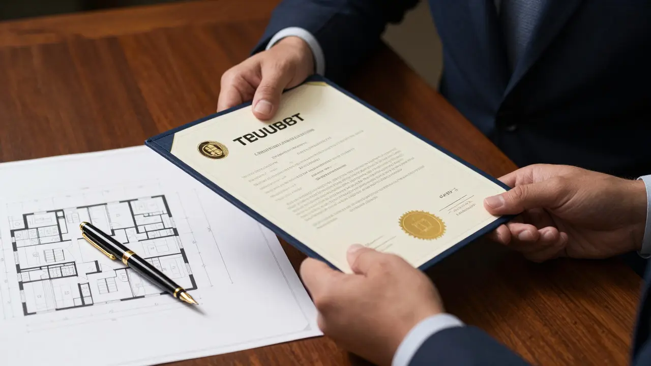 Nahaufnahme eines offiziellen Zertifizierungsdokuments auf einem Schreibtisch.