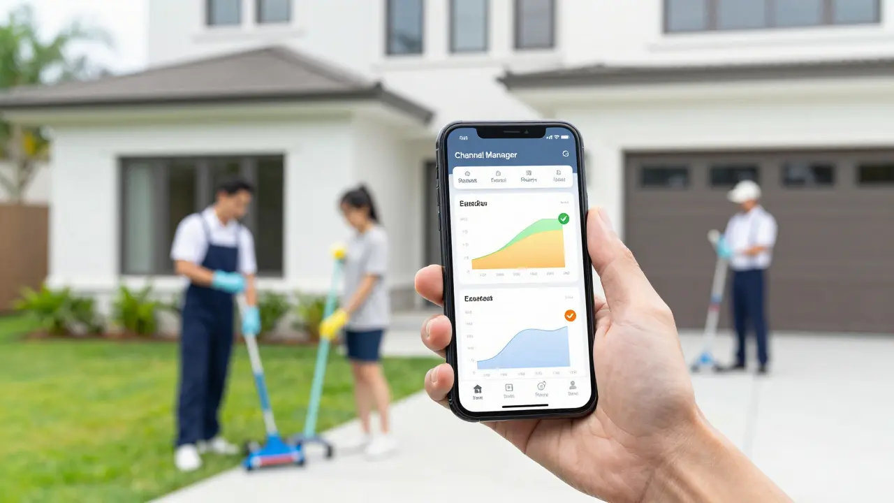 Professionelle Immobilienverwaltung mit Smartphone-App und Team vor einem Ferienhaus.