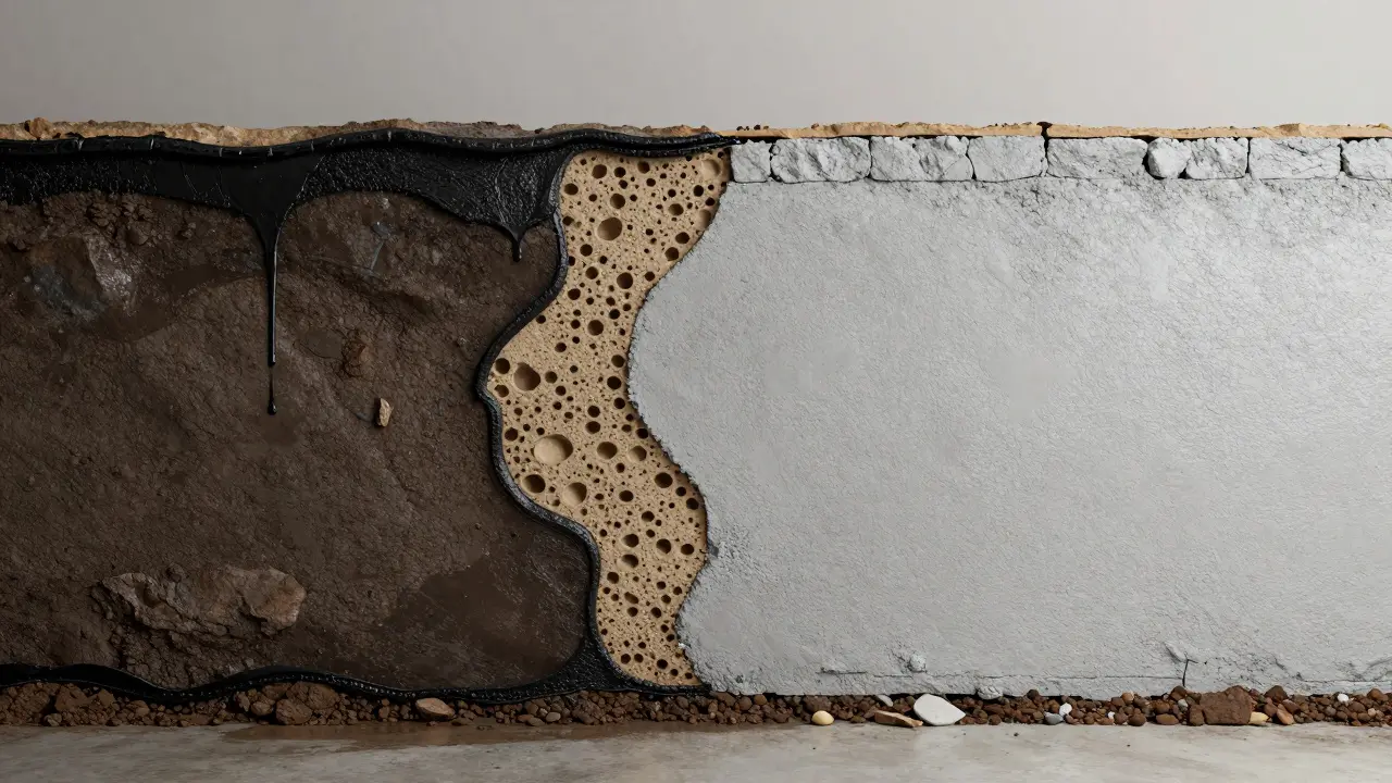 Schematische Darstellung einer mineralischen Innenabdichtung einer Kellerwand