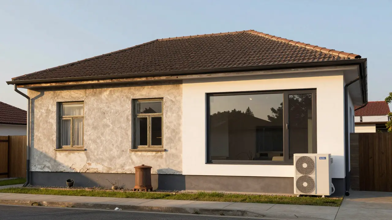 Vergleich zwischen einem alten Haus und einer modernisierten, energieeffizienten Fassade.