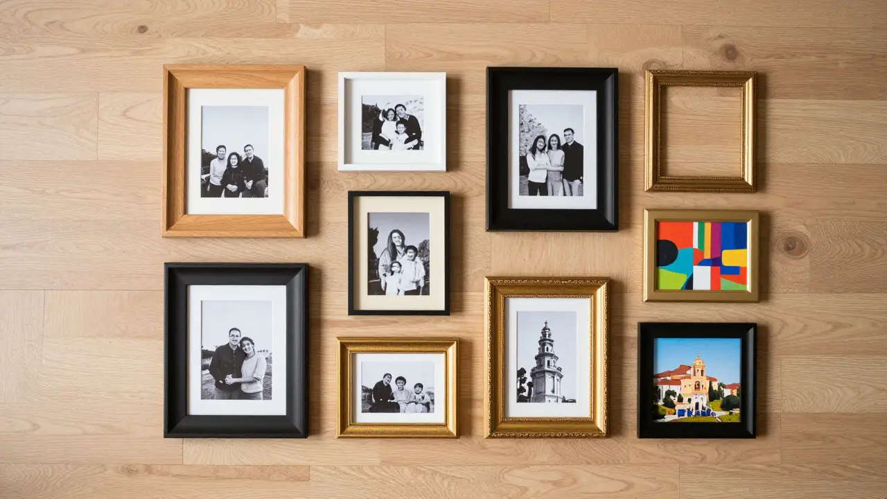 Verschiedene Bilderrahmen und Fotos, die zur Planung auf einem Holzboden ausgelegt sind.