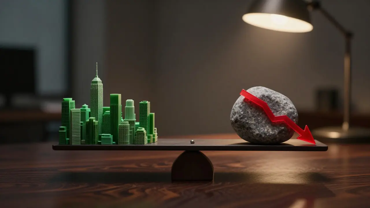 Waage mit einer Stadtmodell und einem Stein, die Rendite und Risiko symbolisieren.