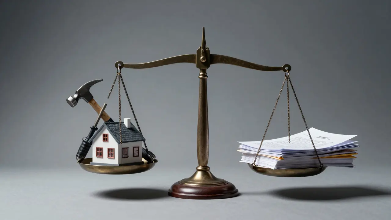 Waage mit Hausmodell, Werkzeugen und rechtlichen Dokumenten