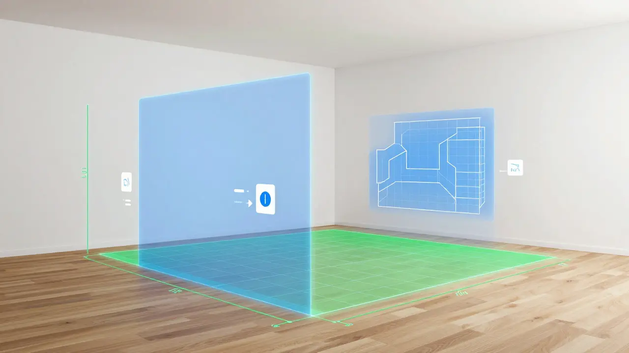 AR-Visualisierung von Raummaßen und 3D-Plänen im leeren Zimmer