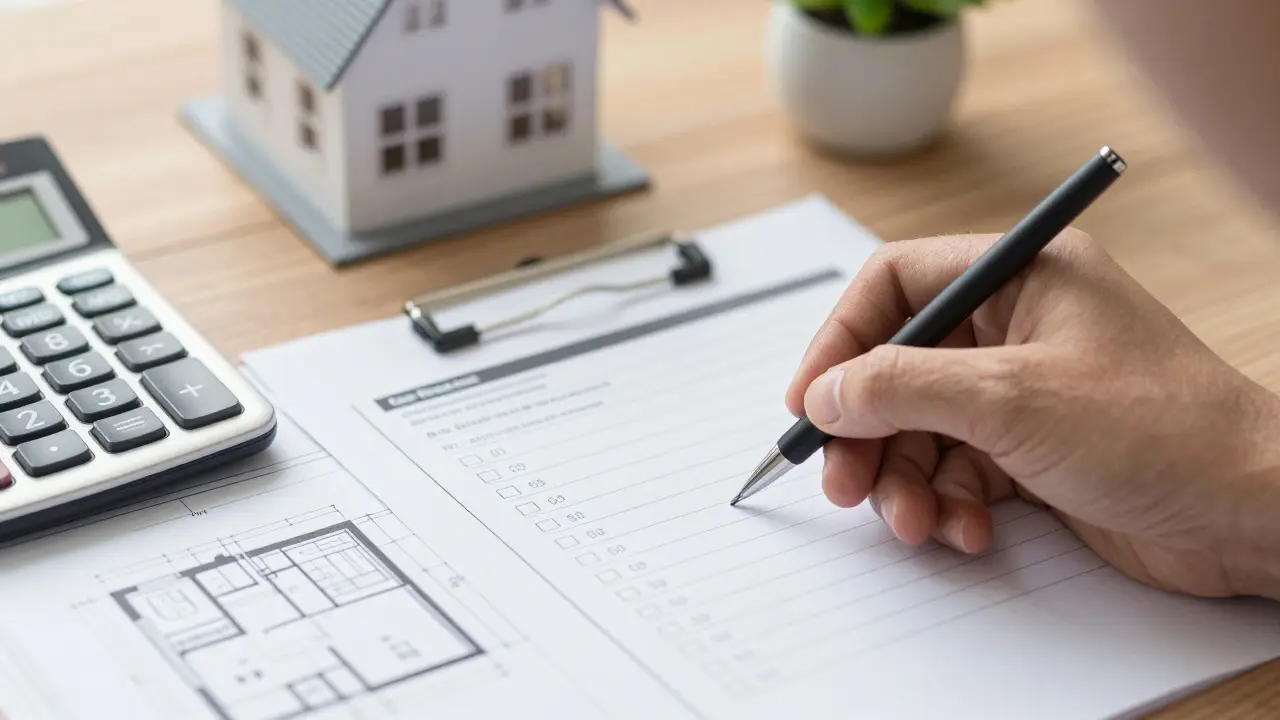 Arbeitsplatz mit Bauplänen und Checkliste für Förderantrag