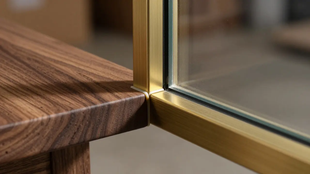 Detailaufnahme der Verbindung aus Holz, Messing und Sicherheitsglas