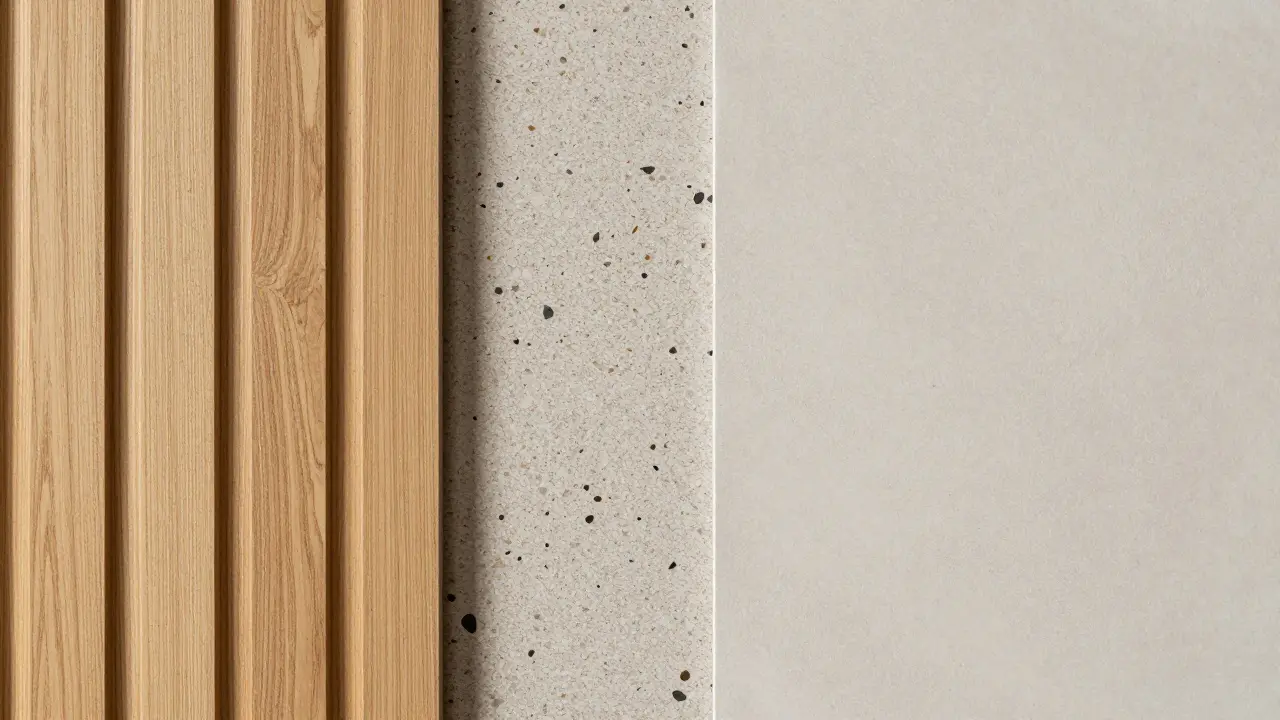 Detailaufnahme von Holz-, Terrazzo- und Zementwänden