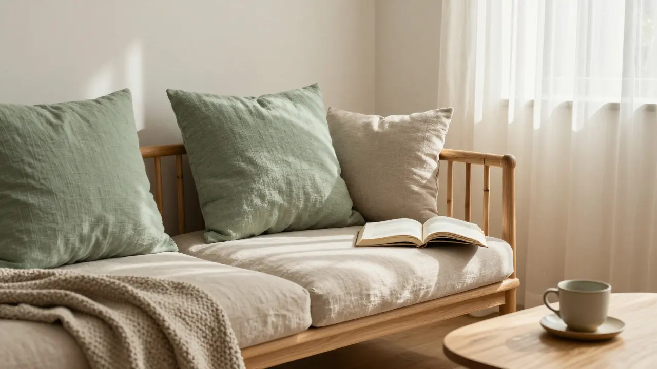 Gemütliches Japandi-Interieur mit natürlichen Materialien