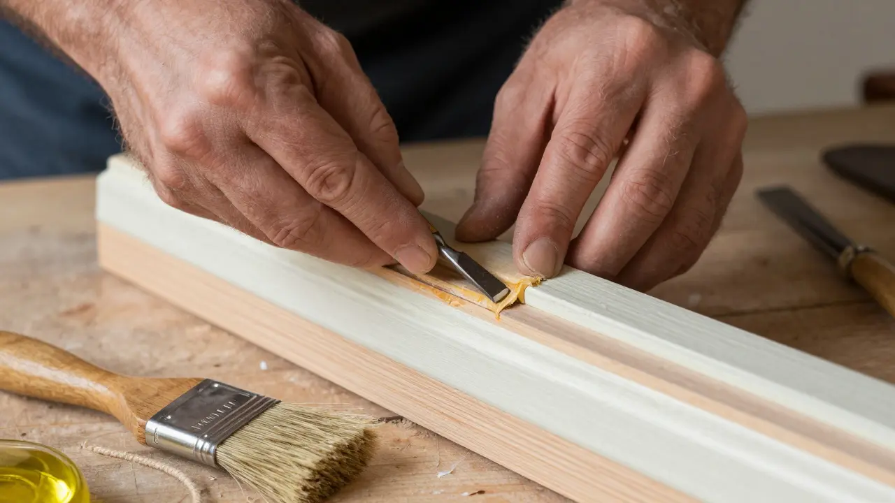 Handwerker restauriert sorgfältig einen alten Fensterrahmen mit traditionellen Werkzeugen