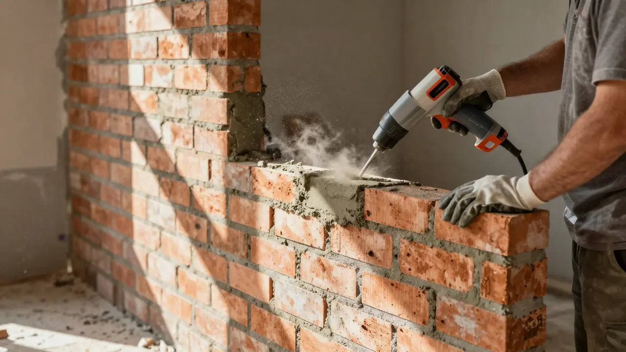 Handwerker trocknet frische Fugen mit einem Heißluftgebläse