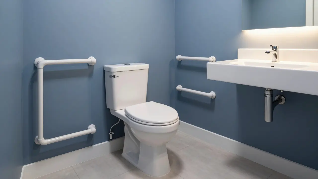 Höhenverstellbare Toilette mit seitlichem Platz für Rollstuhl und unterfahrbarer Waschtisch