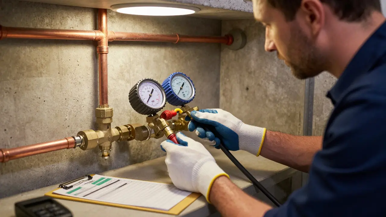 Installateur prüft Druck am Rückflussverhinderer mit Manometer