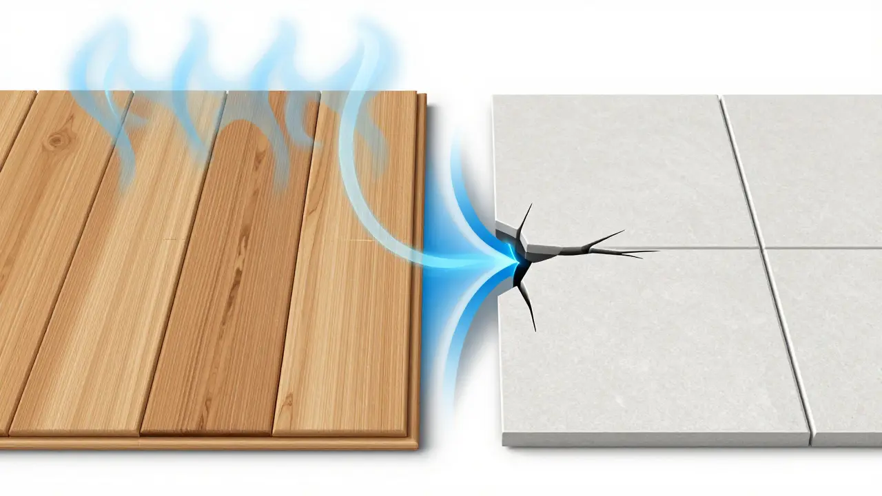 Konzeptillustration zur Ausdehnung von Holz und Keramik bei Bodenübergängen